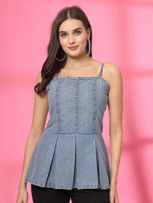 women solid denim peplum top - 21746499 - Very Small Image - 1