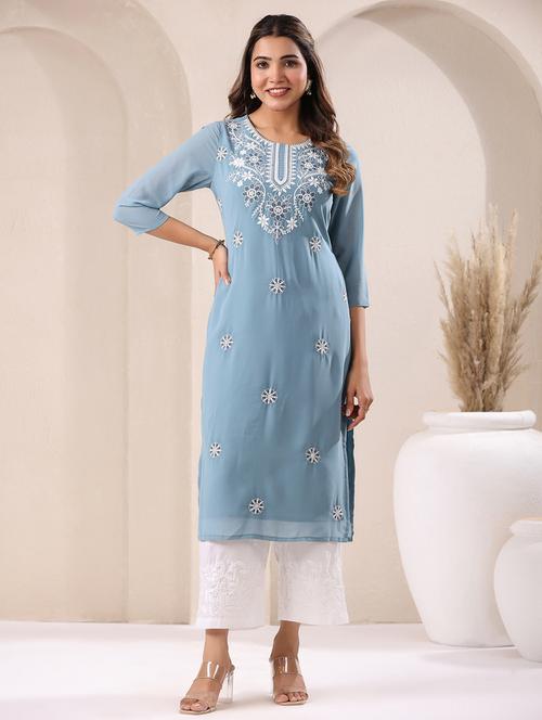 women round neck chikankari straight kurta - 21746703 - Very Small Image - 1