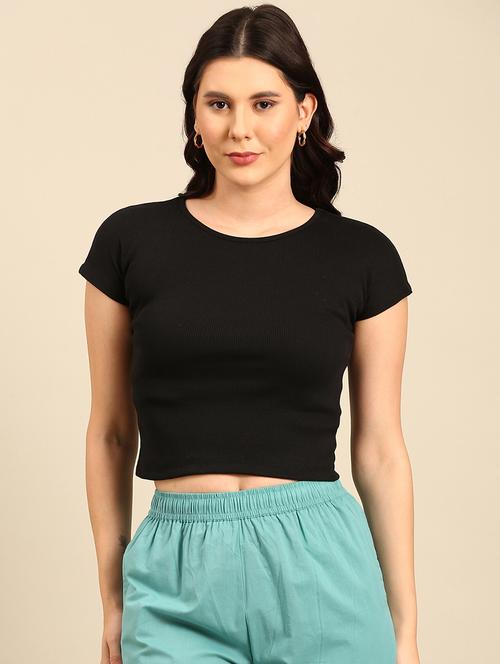 women solid short sleeves crop top - 21747019 - Very Small Image - 1