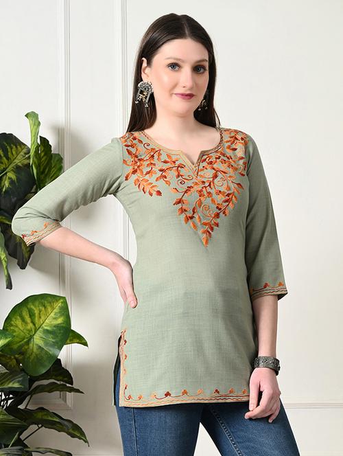 women notch neck embroidered straight kurti - 21747720 - Very Small Image - 1