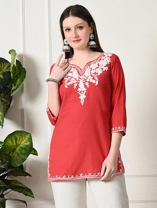 women notch neck embroidered straight kurti - 21747722 - Very Small Image - 1