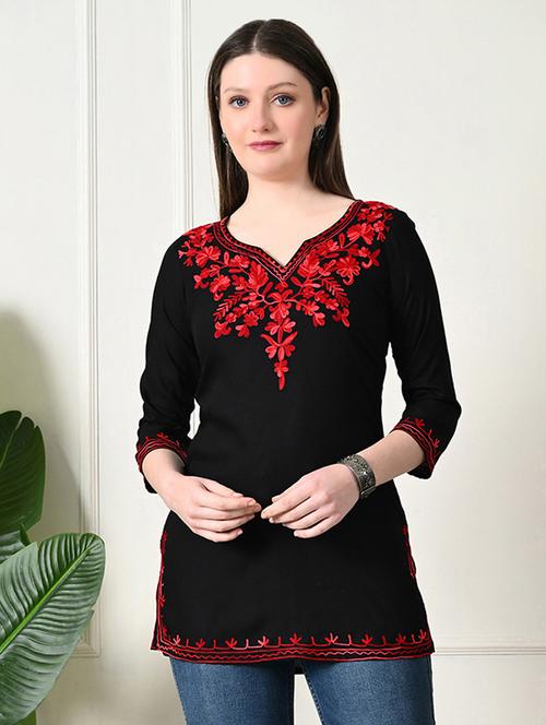 women notch neck embroidered straight kurti - 21747723 - Very Small Image - 1
