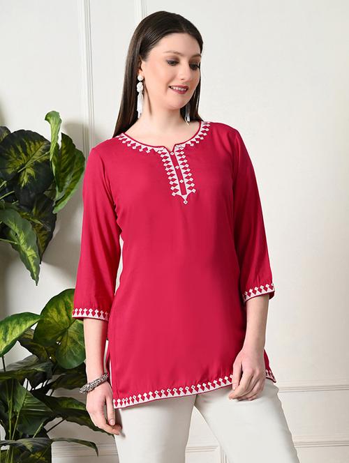 women notch neck embroidered straight kurti - 21747725 - Very Small Image - 1