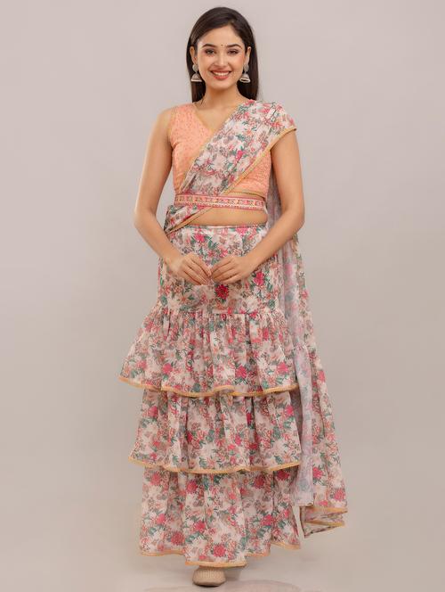women floral printed ruffle party wear saree with blouse - 21747871 - Very Small Image - 1