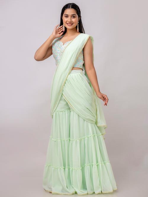 women neo mint solid ruffle party wear saree with blouse - 21747879 - Very Small Image - 1