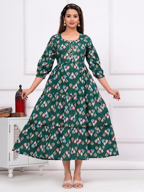 women printed three quarter sleeves flared dress - 21748295 - Very Small Image - 1