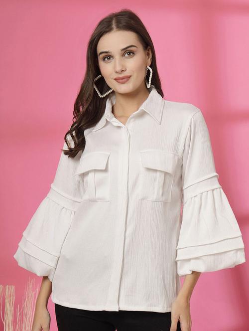 women solid bell sleeves collared regular shirt - 21748319 - Very Small Image - 1