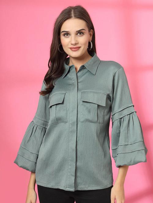 women solid bell sleeves collared regular shirt - 21748322 - Very Small Image - 1