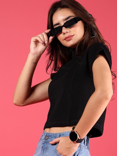 women black solid mock neck crop top - 21750048 - Very Small Image - 1