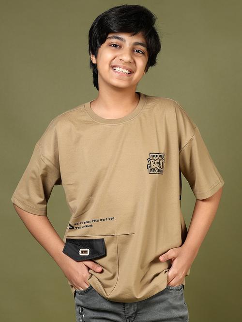 boys beige placement print round neck t-shirt - 21750100 - Very Small Image - 1
