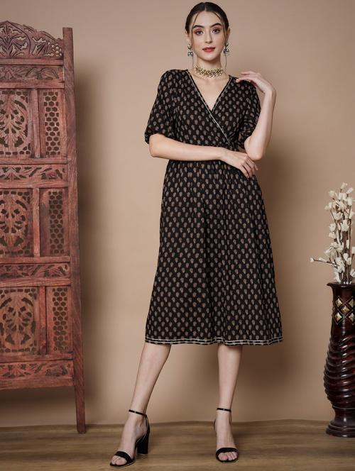 women black printed v neck a-line dress - 21751077 - Very Small Image - 1