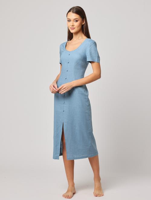 women solid puff sleeves a-line dress - 21765099 - Very Small Image - 1