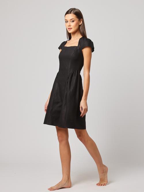 women solid puff sleeves a-line dress - 21765104 - Very Small Image - 1