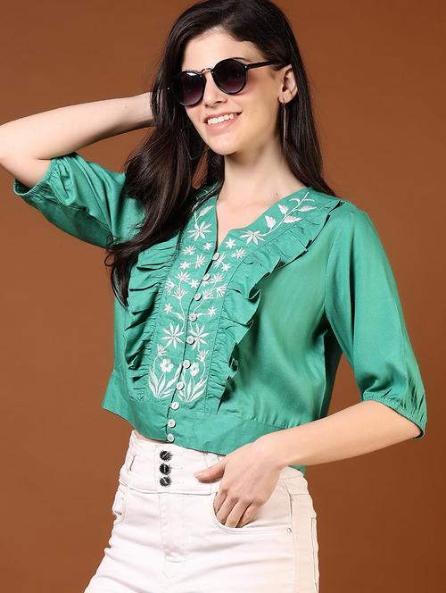 women sea green embroidered elbow sleeve crop top - 21766471 - Very Small Image - 1