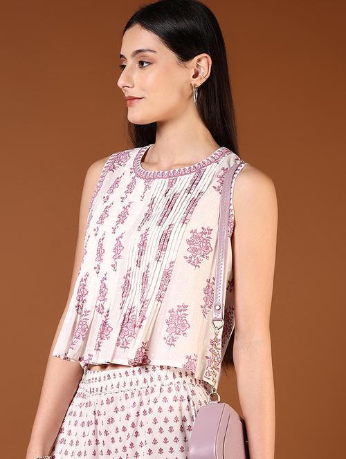 women off white floral printed round neck crop top - 21766502 - Very Small Image - 1