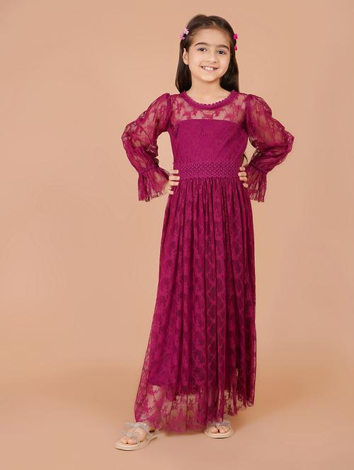 girls magenta self design long sleeve fit & flare dress - 21766645 - Very Small Image - 1