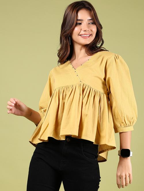 women solid puff sleeves peplum top - 21767028 - Very Small Image - 1