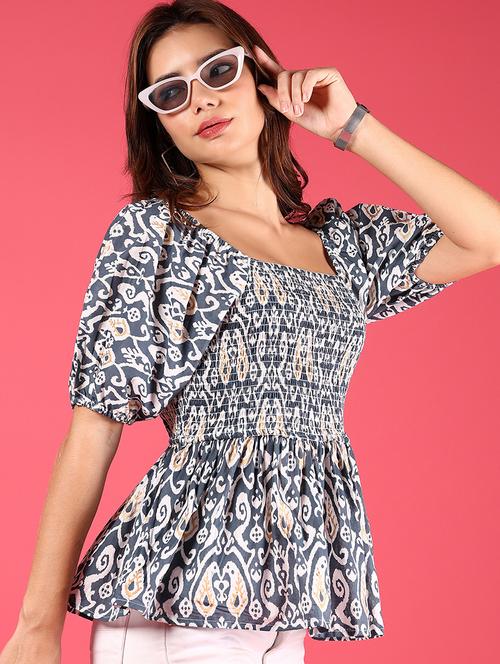 women printed puff sleeves peplum top - 21767029 - Very Small Image - 1