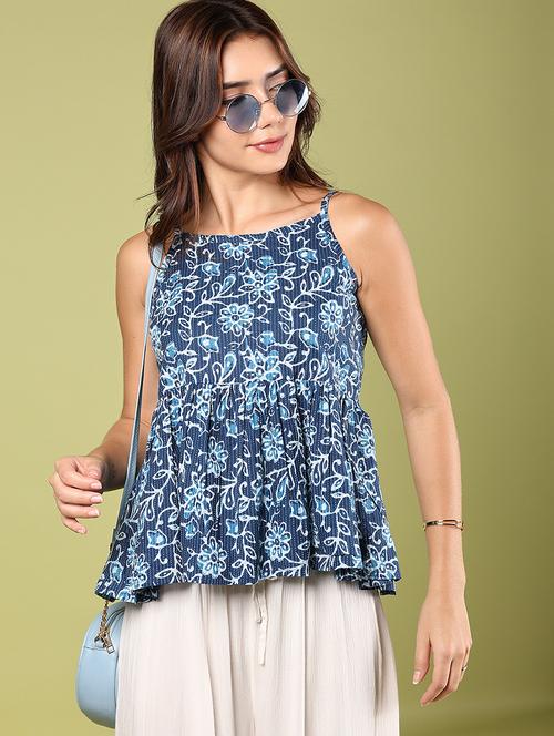women blue printed shoulder strap peplum top - 21767030 - Very Small Image - 1