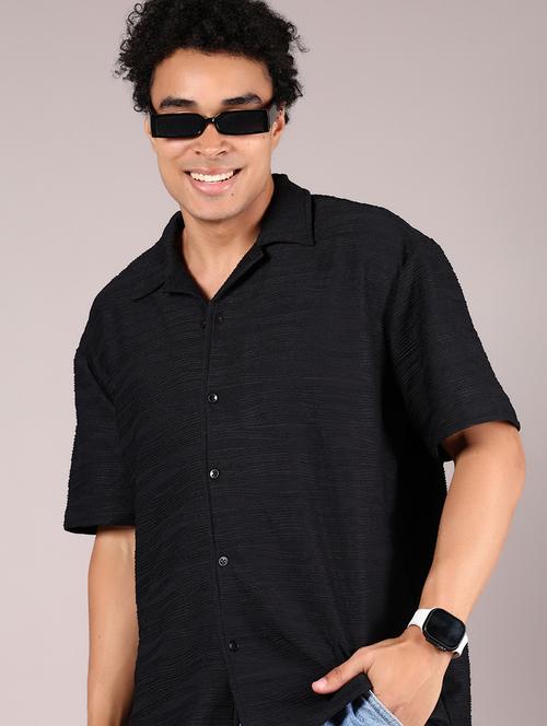 men textured cuban collared loose fit casual shirt - 21767054 - Very Small Image - 1