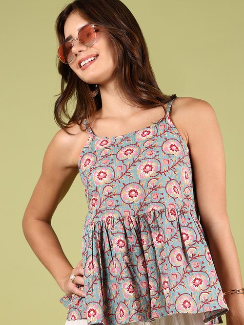 women floral printed shoulder strap peplum top - 21767095 - Very Small Image - 1