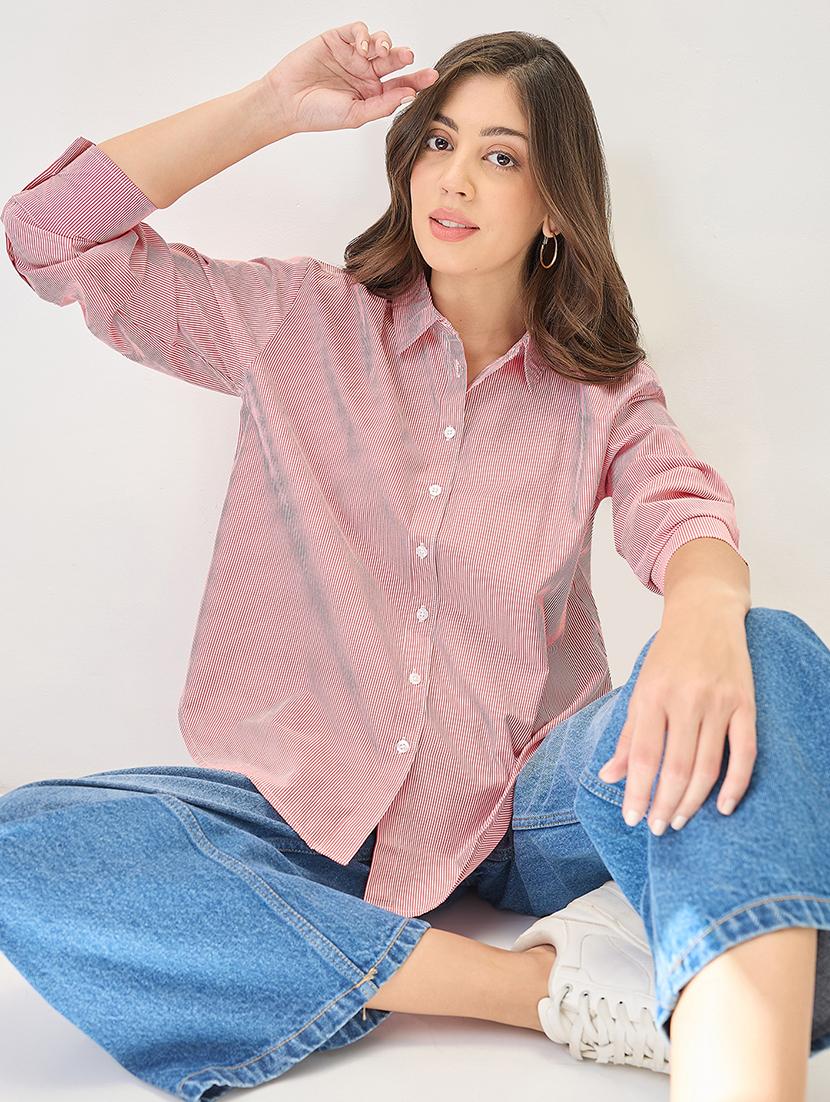 globus women red cuffed sleeves vertical stripes curved hem workwear shirt - 21767541 - Zoom Image - 3