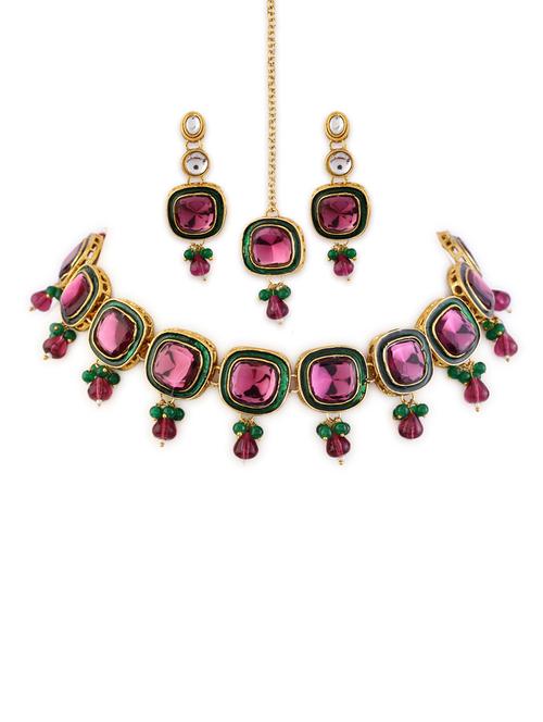 alloy pink necklace earring with tikka jewellery set - 21775538 - Very Small Image - 1