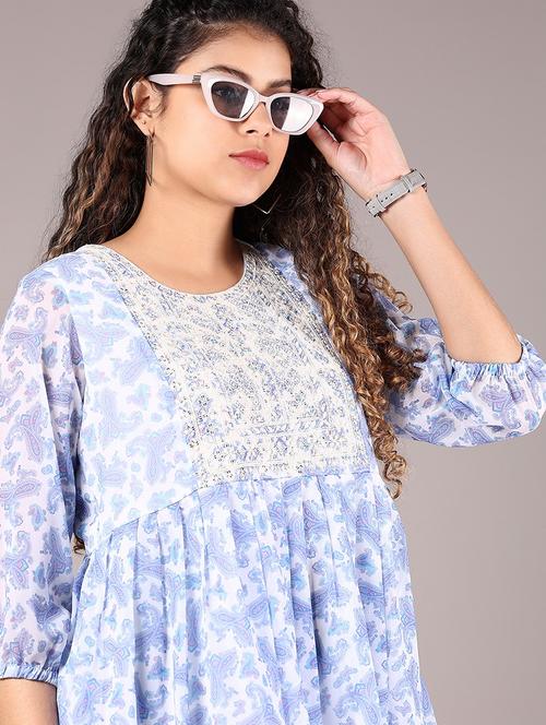 women light blue printed eound neck flared kurti - 21784538 - Very Small Image - 1