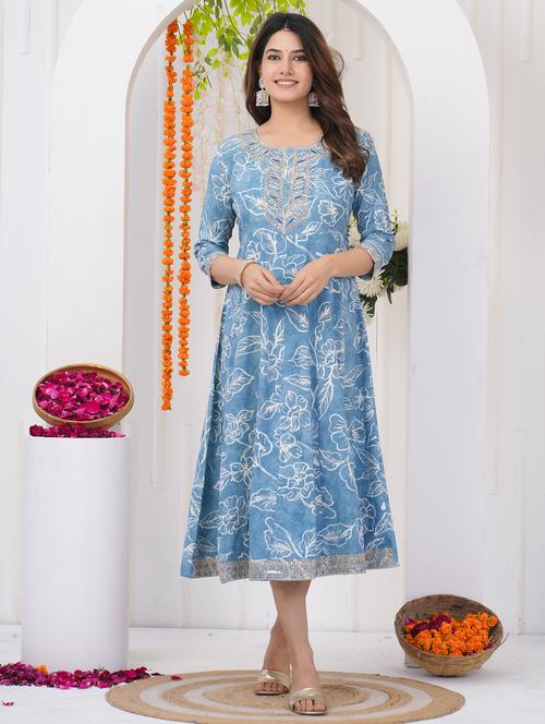 women blue embroidered three quarter sleeve ethnic dress - 21785056 - Very Small Image - 1