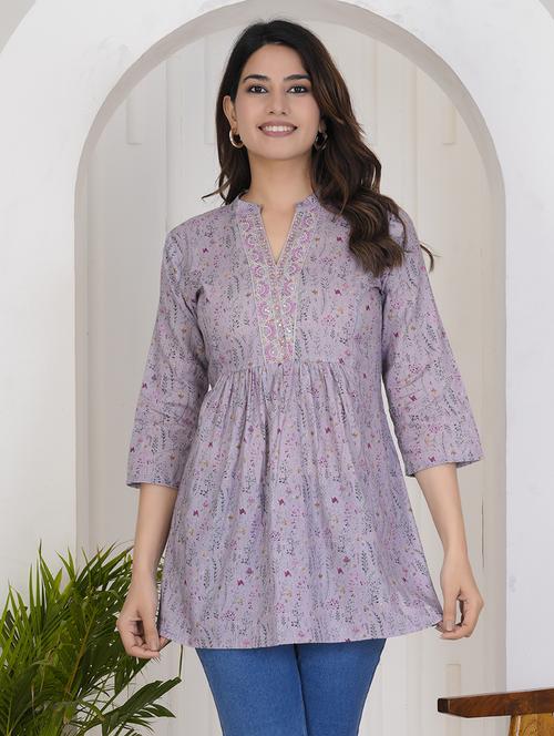 women printed mandarin neck flared kurti - 21785080 - Very Small Image - 1