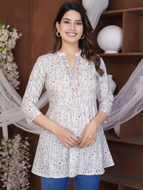 women printed mandarin neck flared kurti - 21785082 - Very Small Image - 1