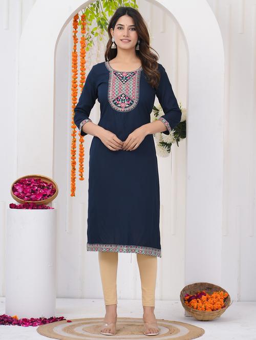 women embroidered three quarter sleeve straight kurta - 21785093 - Very Small Image - 1