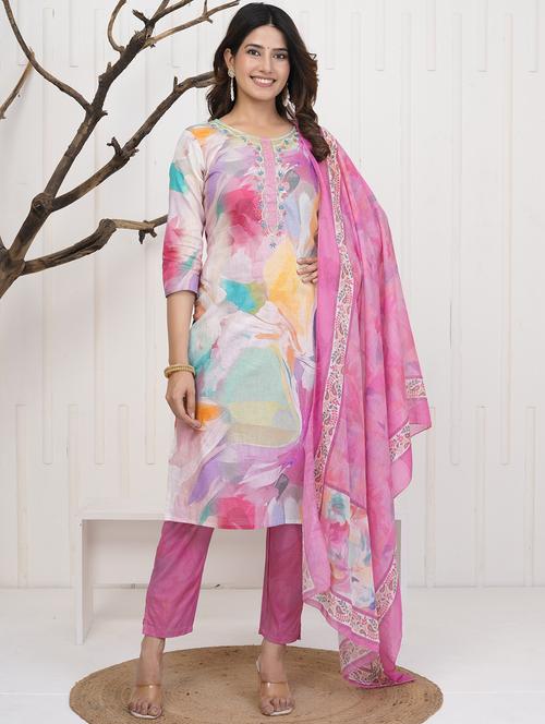 women three quarter sleeve kurta pant with dupatta set - 21785105 - Very Small Image - 1