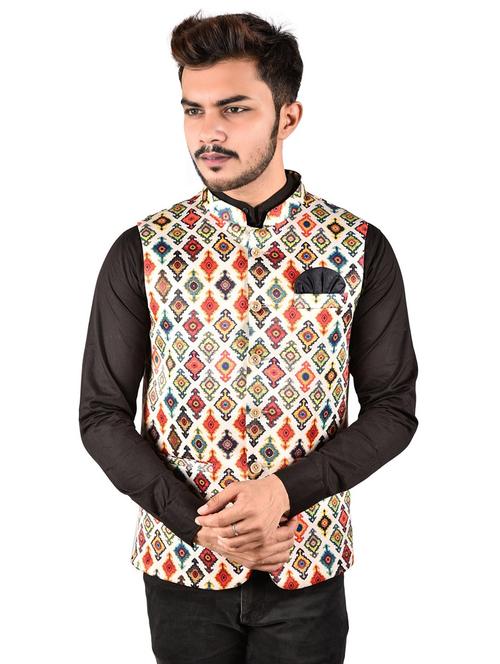 men printed mandarin neck sleeveless nehru jacket - 21785237 - Very Small Image - 1