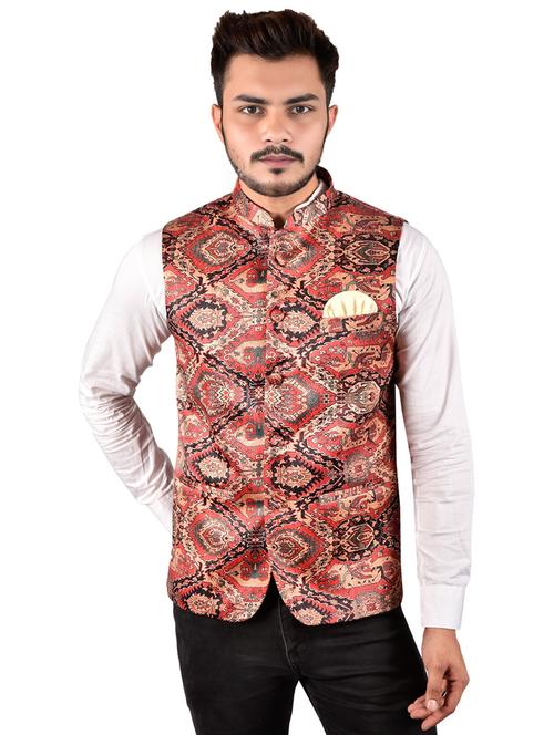 men printed mandarin neck sleeveless nehru jacket - 21785238 - Very Small Image - 1