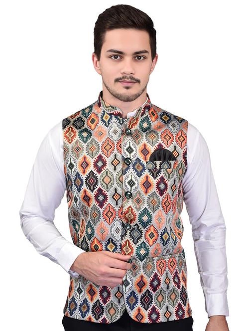 men printed mandarin neck sleeveless nehru jacket - 21785271 - Very Small Image - 1