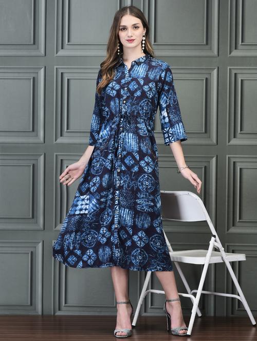 women navy blue tie & dye printed shirt collar ethnic dress - 21785466 - Very Small Image - 1