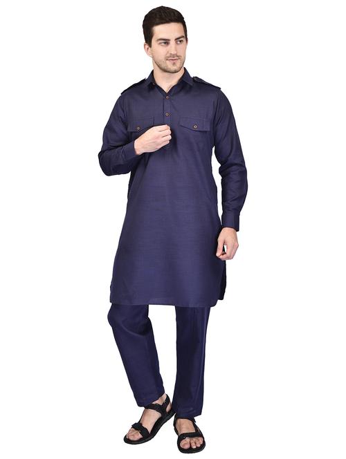 men navy blue solid long sleeve pathani set - 21786119 - Very Small Image - 1