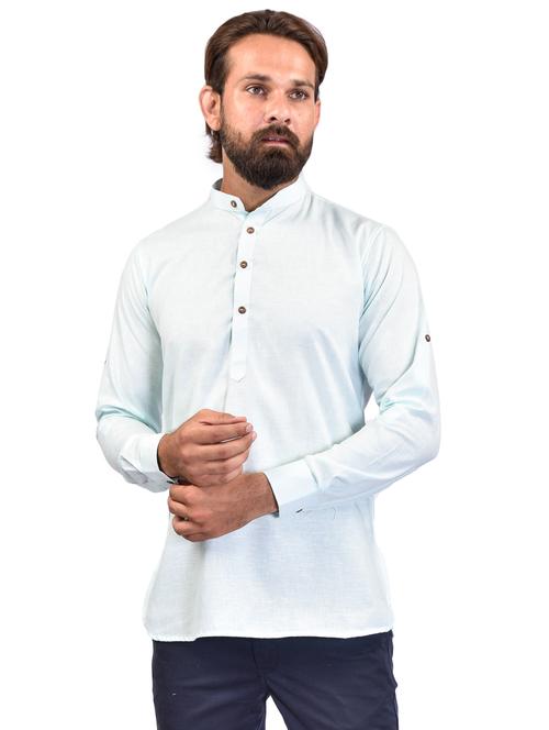 men light blue solid mandarin neck short kurta - 21786278 - Very Small Image - 1