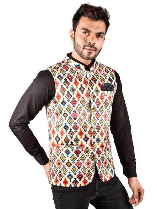 men printed mandarin neck nehru jacket - 21786297 - Very Small Image - 1