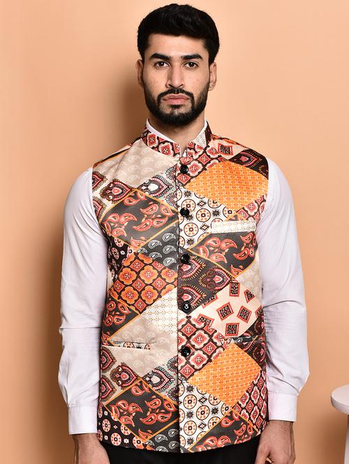 men mandarin neck printed nehru jacket - 21786305 - Very Small Image - 1