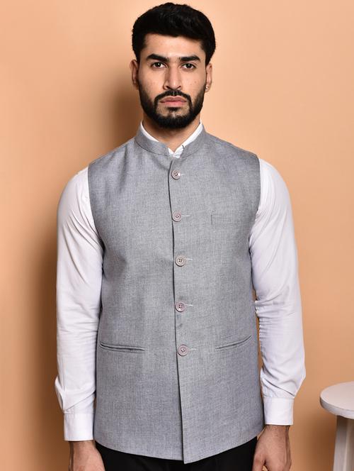 men solid mandarin neck regular fit nehru jacket - 21786320 - Very Small Image - 1