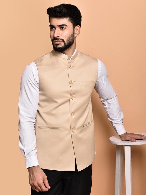 men solid mandarin neck regular fit nehru jacket - 21786322 - Very Small Image - 1