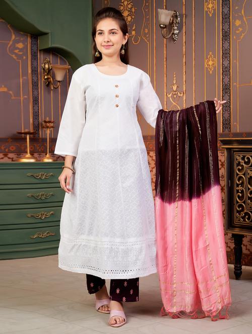 girls three quarter sleeve kurta pant with dupatta set - 21786447 - Very Small Image - 1