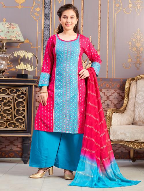 girls printed kurta and palazzo with dupatta - 21786448 - Very Small Image - 1
