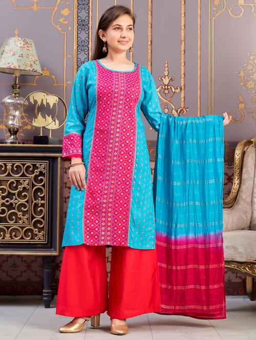 girls printed kurta and palazzo with dupatta - 21786449 - Very Small Image - 1