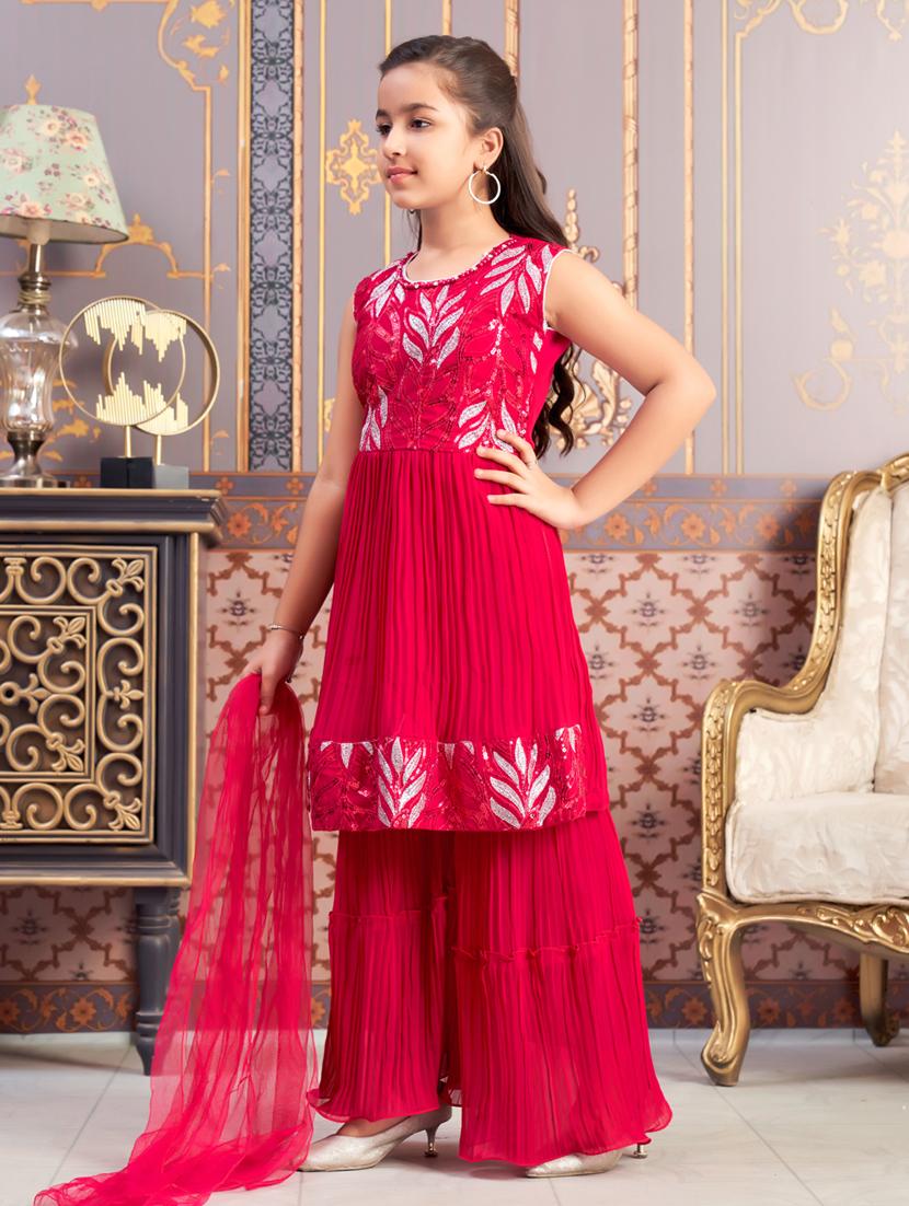 girls sequined kurta and sharara with dupatta - 21786504 - Standard Image - 1