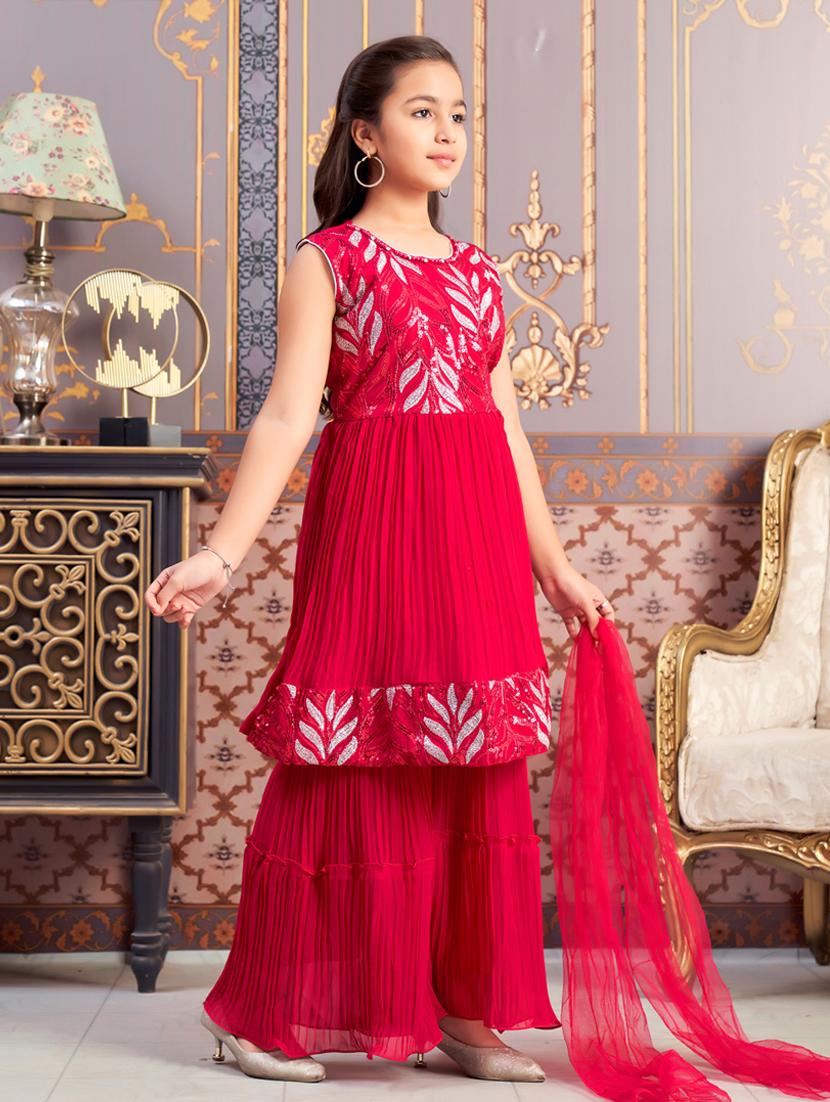 girls sequined kurta and sharara with dupatta - 21786504 - Standard Image - 2