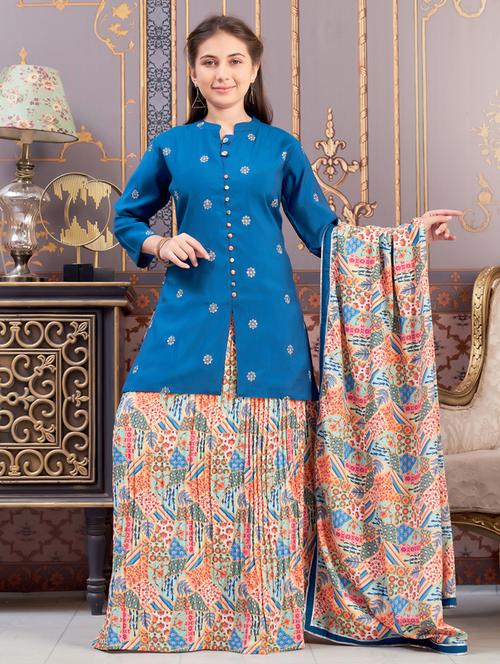 girls blue three quarter sleeve kurta skirt set  - 21786533 - Very Small Image - 1