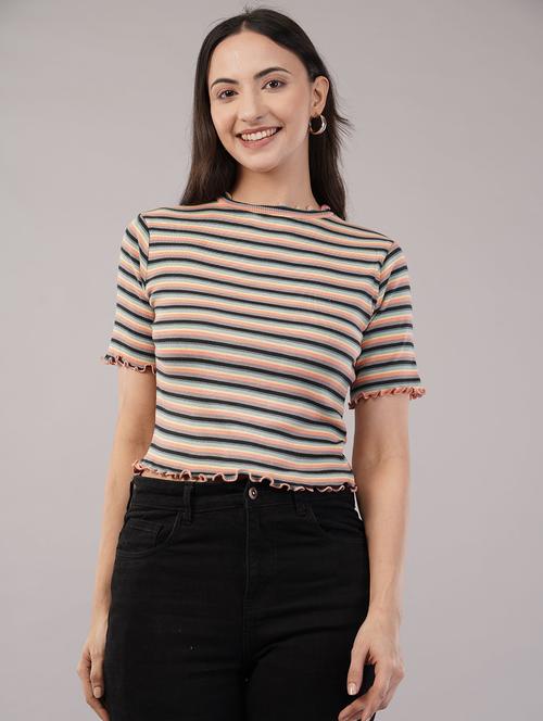 women striped short sleeevs crop top - 21786837 - Very Small Image - 1